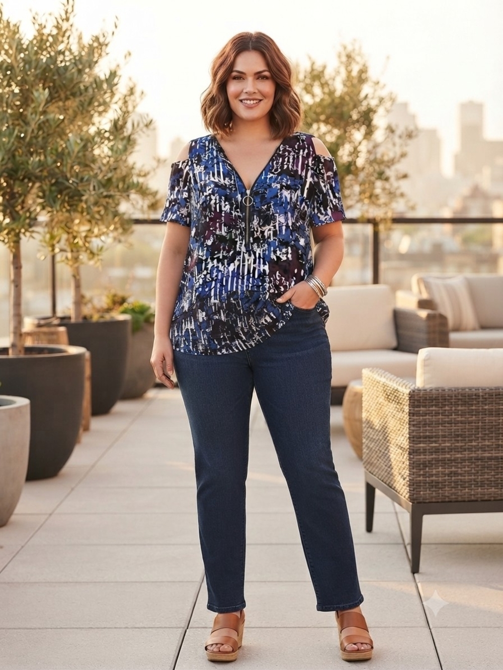 2/$15 Michel Studio Blue & White &Black Cold-Shoulder Abstract Print Blouse